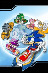 Size: 1050x1575 | Tagged: safe, artist:dreddstarin, official art, amy rose (sonic), jet the hawk (sonic), jewel the beetle (sonic), miles "tails" prower (sonic), sonic the hedgehog (sonic), storm the albatross (sonic), wave the swallow (sonic), albatross, arthropod, beetle, bird, bird of prey, canine, fox, hawk, hedgehog, insect, mammal, marsupial, opossum, petrel, red fox, songbird, swallow, anthro, idw sonic the hedgehog, sega, sonic the hedgehog (series), 2024, babylon rogues (sonic), clothes, clutch the opossum (sonic), female, footwear, gloves, idw sonic: comic #69, male, multiple tails, shoes, sneakers, tail, team sonic (sonic), two tails