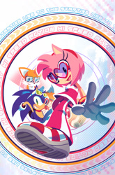 Size: 800x1214 | Tagged: safe, artist:nathanie fourdraine, official art, amy rose (sonic), miles "tails" prower (sonic), sonic the hedgehog (sonic), canine, fox, hedgehog, mammal, red fox, sega, sonic the hedgehog (series), 2024, clothes, eyelashes, female, glasses, glasses on head, gloves, goggles, goggles on head, group, heart glasses, looking at you, male, multiple tails, one eye closed, smiling, smiling at you, tail, teeth, trio, two tails, winking