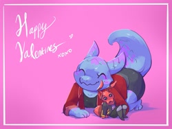 Size: 2048x1536 | Tagged: safe, artist:siggymcc, arthropod, fictional species, insect, kobold, reptile, anthro, 2024, female, holiday, horns, male, male/female, size difference, snuggling, tail, valentine's day