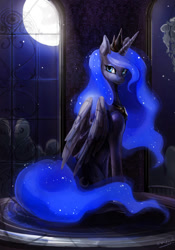 Size: 600x858 | Tagged: safe, artist:maocha, princess luna (mlp), alicorn, equine, fictional species, mammal, pony, feral, friendship is magic, hasbro, my little pony, 2012, blue body, blue eyes, castle, crown, ethereal mane, ethereal tail, feathered wings, feathers, female, hair, headwear, horn, jewelry, mane, mare, moon, moonlight, night, plant, regalia, solo, solo female, tree, wallpaper, windows, wings
