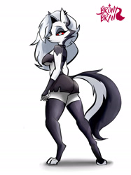 Size: 1772x2364 | Tagged: safe, artist:brony_bran, loona (vivzmind), canine, fictional species, hellhound, mammal, anthro, digitigrade anthro, hazbin hotel, helluva boss, 2024, breasts, butt, clothes, collar, colored sclera, crop top, digital art, ears, eyelashes, female, fur, hair, legwear, rear view, red sclera, short tail, simple background, solo, solo female, spiked collar, stockings, tail, thighs, topwear, white background, wide hips