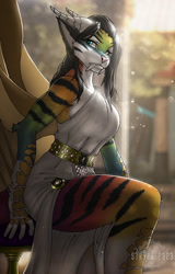 Size: 640x1000 | Tagged: safe, artist:strype, oc, oc only, big cat, feline, hybrid, mammal, tiger, anthro, 2023, bottomwear, breasts, clothes, commission, detailed background, digital art, dress, ears, eyelashes, fangs, female, fur, hair, pose, sharp teeth, solo, solo female, tail, teeth, thighs, wide hips