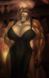 Size: 1620x2525 | Tagged: safe, artist:strype, oc, oc only, canine, mammal, wolf, anthro, 2023, biceps, bottomwear, breasts, cleavage, clothes, commission, digital art, dress, ears, eyelashes, female, fur, hair, huge breasts, muscles, muscular female, solo, solo female, tail, thighs, wide hips