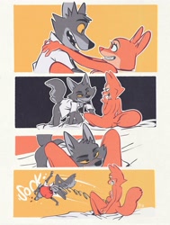 Size: 3034x4006 | Tagged: suggestive, artist:edtropolis, diane foxington (the bad guys), mr. wolf (the bad guys), canine, fox, mammal, wolf, anthro, dreamworks animation, lupin iii, the bad guys, bed, bedroom eyes, big breasts, big butt, blushing, boxing gloves, breasts, butt, clothes, covering breasts, duo, embrace, female, funny porn, gloves, imminent sex, looking at each other, male, nudity, open mouth, open smile, parody, partial nudity, punching, romantic, romantic couple, seductive, seductive eyes, sitting, smiling, smiling at each other, thick thighs, thighs, vixen, wide hips