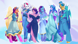 Size: 2560x1440 | Tagged: safe, artist:rowankitten, hitch trailblazer (mlp), izzy moonbow (mlp), misty (mlp g5), pipp petals (mlp), sparky sparkeroni (mlp), sunny starscout (mlp), zipp storm (mlp), alicorn, dragon, earth pony, equine, fictional species, mammal, pegasus, pony, unicorn, anthro, unguligrade anthro, hasbro, my little pony, my little pony g5, spoiler:my little pony g5, 2023, alternate hairstyle, anthrofied, arm grab, artificial horn, artificial wings, augmented, belt, bottomwear, bracelet, breasts, cape, cleavage, clothes, cornrows, crossed arms, crystal ball (episode), dress, ear piercing, earring, eyes closed, eyeshadow, female, freckles, friendship bracelet, grin, group, hair, hand on shoulder, hat, headwear, hooves, horn, horns, jacket, jewelry, magic, magic horn, magic wings, makeup, male, mane seven (g5), mane six (g5), mare, my little pony: tell your tale, necklace, pants, piercing, race swap, rebirth misty, shirt, skinny pipp, smiling, smirk, spread wings, stallion, suit, tail, top hat, topwear, unshorn fetlocks, wings