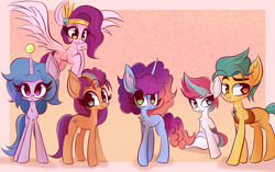 Size: 3874x2431 | Tagged: safe, artist:thebigstuff89, hitch trailblazer (mlp), izzy moonbow (mlp), misty (mlp g5), pipp petals (mlp), sunny starscout (mlp), zipp storm (mlp), earth pony, equine, fictional species, mammal, pegasus, pony, unicorn, feral, hasbro, my little pony, my little pony g5, spoiler:my little pony g5, 2024, :3, ball, chest fluff, ear fluff, female, fluff, gradient background, group, high res, looking at you, male, mane five, mane six (g5), mare, smiling, stallion, tennis ball
