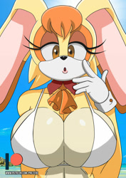 Size: 600x849 | Tagged: suggestive, artist:prezero, vanilla the rabbit (sonic), lagomorph, mammal, rabbit, anthro, sega, sonic the hedgehog (series), 2021, 5 fingers, :o, absolute cleavage, belly button, big breasts, bikini, black nose, bow, bow tie, breasts, brown eyes, cleavage, clothes, digital art, dipstick ears, eyelashes, female, floppy ears, fluff, fur, hair, half closed eyes, huge breasts, lipstick, looking at you, makeup, mature, mature female, multicolored body, narrowed eyes, orange hair, patreon, patreon logo, seaside, solo, solo female, swimsuit, tan body, two toned body, two toned ears, white gloves