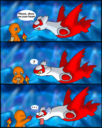 Size: 398x500 | Tagged: safe, artist:desshade, charmander, fictional species, latias, legendary pokémon, feral, nintendo, pokémon, pokémon mystery dungeon, 2006, anime expression, comic, dark humor, dumbstruck, duo, female, funny, heart, idiot, literal, low res, male, pokémon mystery dungeon: rescue team, shocked, shocked expression, speech bubble, starter pokémon, text, this will end in death