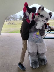 Size: 493x647 | Tagged: safe, boop, bottomwear, clothes, fullsuit, fursuit, gray, green, head, kemono, kissing, mouth, nose, outdoors, pants, park, partial suit, paws, photography, picture, pink, purple, shirt, topwear, white