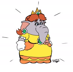 Size: 1876x1864 | Tagged: safe, artist:tellybot, princess daisy (mario), elephant, mammal, anthro, mario (series), nintendo, 2d, blue eyes, bottomwear, brown hair, clothes, crown, dress, female, front view, gloves, gray body, hair, headwear, jewelry, regalia, signature, simple background, smiling, solo, solo female, super mario bros. wonder, three-quarter view, ungulate, white background