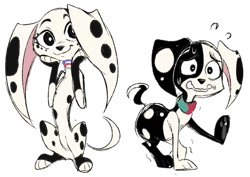 Size: 946x670 | Tagged: safe, artist:tikovka pumpkin, deepak (101 dalmatians), dolly (101 dalmatians), canine, dalmatian, dog, mammal, feral, 101 dalmatian street, 101 dalmatians, disney, 2d, brother, brother and sister, duo, female, looking at you, male, paw pads, paws, scared, shaking, siblings, simple background, sister, smiling, smiling at you, sweat, sweatdrop, white background
