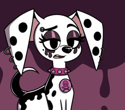 Size: 3000x2643 | Tagged: safe, artist:hypergal, artist:kinglazereth, collaboration, déjà vu (101 dalmatian street), triple-d (101 dalmatian street), canine, dalmatian, dog, mammal, feral, 101 dalmatian street, 101 dalmatians, disney, 2d, black eyes, black nose, collar, colored, ear piercing, earring, eyeshadow, female, front view, fur, makeup, mascara, older, open mouth, piercing, solo, solo female, spiked collar, spots, spotted fur, three-quarter view, unamused