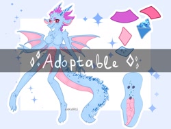 Size: 1280x960 | Tagged: suggestive, artist:aakariu, oc, oc only, dragon, fictional species, 3 toes, 5 fingers, adoptable, amputee, auction, belly button, blue body, blue border, blue fur, border, breasts, butt, butt fluff, complete nudity, countershading, crystal, digital art, dragon wings, female, fluff, fur, head fluff, looking at you, nudity, outline, pink countershading, pink eyes, presenting ass, rear view, reference sheet, sexy, shoulder fluff, simple background, solo, solo female, sparkles, tail, thighs, watermark, white outline, wings