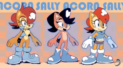 Size: 3508x1949 | Tagged: safe, artist:anouckyshim, princess sally acorn (sonic), chipmunk, mammal, rodent, anthro, archie sonic the hedgehog, sega, sonic the hedgehog (series), 2024, black hair, blue eyes, boots, brown body, brown fur, character name, clothes, eyelashes, female, footwear, full body, fur, gloves, hair, high res, jacket, pink body, pink fur, red hair, reference sheet, shoes, smiling, solo, solo female, tail, text, topwear