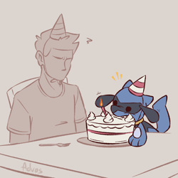 Size: 1024x1024 | Tagged: safe, artist:advosart, oc, oc:anon, fictional species, human, mammal, riolu, semi-anthro, nintendo, pokémon, 2023, ambiguous gender, birthday, birthday cake, cake, candle, clothes, digital art, duo, ears, eating, food, fur, hat, headwear, male, party hat, table, tail, thighs