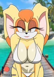 Size: 3508x4961 | Tagged: suggestive, artist:prezero, vanilla the rabbit (sonic), lagomorph, mammal, rabbit, anthro, sega, sonic the hedgehog (series), 2022, absolute cleavage, belly button, big breasts, bikini, black nose, breasts, brown eyes, cleavage, clothes, digital art, dipstick ears, female, floppy ears, hair, half closed eyes, high res, huge breasts, lipstick, looking at you, makeup, mature, mature female, orange hair, outdoors, patreon, patreon logo, seaside, smiling, smiling at you, solo, solo female, swimsuit, tan body, two tone ears, two toned body, white bikini