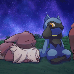 Size: 1080x1080 | Tagged: safe, artist:spyrook, bidoof, eevee, eeveelution, fictional species, loudred, mammal, riolu, feral, semi-anthro, nintendo, pokémon, pokémon mystery dungeon, 2023, 2d, 2d animation, ambiguous gender, animated, detailed background, digital art, ears, eyes closed, fluff, fur, loafing, lying down, neck fluff, night, outdoors, pokémon mystery dungeon: explorers, prone, scales, shocked, sound, tail, thighs, webm, yawning