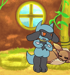 Size: 1012x1080 | Tagged: safe, artist:spyrook, eevee, eeveelution, fictional species, gardevoir, mammal, riolu, feral, semi-anthro, nintendo, pokémon, pokémon mystery dungeon, 2023, 2d, 2d animation, ambiguous gender, ambiguous only, angry, animated, bedroom eyes, cringing, dancing, detailed background, digital art, ears, fluff, fur, group, neck fluff, pokémon mystery dungeon: explorers, sound, tail, thighs, this will end in pain, this will not end well, tired, triggered, trio, trio ambiguous, unamused, webm