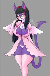 Size: 846x1280 | Tagged: suggestive, artist:alyrise, oc, oc only, fictional species, purrloin, anthro, nintendo, pokémon, 2024, areola, areola slip, big breasts, bottomwear, breasts, clothes, digital art, dress, ears, eyelashes, female, fur, hair, legwear, panties, simple background, solo, solo female, stockings, tail, thighs, underwear, wide hips