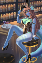 Size: 1578x2335 | Tagged: suggestive, artist:ibbyty20, oc, oc only, dragon, fictional species, anthro, 2024, breasts, brown hair, chair, cleavage, clothes, commission, detailed background, digital art, dragoness, ears, eyelashes, female, fur, hair, high heels, indoors, leotard, looking at you, pose, scales, shoes, sitting, solo, solo female, tail, thighs, wide hips, ych result