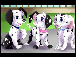 Size: 1280x960 | Tagged: safe, artist:lulu, cadpig (101 dalmatians), two-tone (101 dalmatians), oc, oc:stockings the dalmatian (lulu), canine, dalmatian, dog, mammal, feral, 101 dalmatians, disney, 2d, black nose, blue eyes, collar, cute, eyelashes, female, females only, fur, letterboxing, open mouth, open smile, pink nose, pink tongue, puppy, smiling, spots, spotted fur, standing, teeth, tongue, trio, trio female, young
