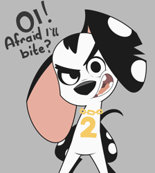 Size: 5384x6000 | Tagged: safe, artist:felris, dimitri (101 dalmatian street), canine, dalmatian, dog, mammal, feral, 101 dalmatian street, 101 dalmatians, disney, 2d, black eyes, black nose, dialogue, english text, fur, gray background, looking at you, open mouth, pink tongue, simple background, spots, spotted body, spotted fur, talking, talking to viewer, teeth, text, tongue