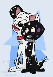 Size: 811x1174 | Tagged: safe, artist:corgi, dante (101 dalmatians), dylan (101 dalmatians), canine, dalmatian, dog, mammal, feral, 101 dalmatians, disney, 2d, black nose, brother, brothers, collar, duo, duo male, fur, gray nose, looking at each other, male, males only, open mouth, open smile, pink tongue, siblings, sitting, smiling, spots, spotted body, spotted fur, tail, tail wag, teeth, tongue