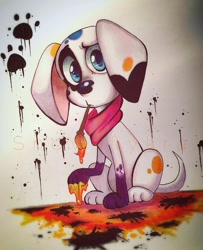 Size: 1080x1328 | Tagged: safe, artist:snow-flykra, da vinci (101 dalmatian street), canine, dalmatian, dog, mammal, feral, 101 dalmatian street, 101 dalmatians, disney, 2d, bandanna, black nose, blue eyes, clothes, female, fur, looking at you, marker drawing, paint, paintbrush, paws, sitting, solo, solo female, spots, spotted body, spotted fur