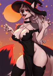 Size: 840x1200 | Tagged: safe, artist:annham, loona (vivzmind), canine, fictional species, hellhound, mammal, anthro, hazbin hotel, helluva boss, 2023, absolute cleavage, bottomwear, breasts, choker, cleavage, clothes, colored sclera, dress, female, hat, headwear, legwear, looking at you, red sclera, side slit, solo, solo female, thigh highs, tongue, tongue out, total sideslit, witch costume, witch hat