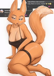 Size: 1131x1600 | Tagged: suggestive, artist:atsuii, diane foxington (the bad guys), canine, fox, mammal, anthro, dreamworks animation, the bad guys, twitter, 2024, bedroom eyes, big breasts, breasts, butt, cleavage, clothes, eyebrow piercing, female, garter, gown, lingerie, looking at you, lying down, on side, piercing, screenshot, simple background, smiling, smiling at you, solo, solo female, underwear