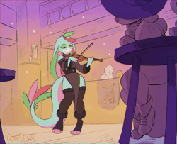 Size: 900x731 | Tagged: safe, artist:osato-kun, canine, dog, lizard, mammal, reptile, anthro, 2021, 2d, 2d animation, animated, bar, blushing, dancing, duo, female, gif, smiling, tail, violin