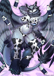 Size: 1617x2279 | Tagged: suggestive, alternate version, artist:leonifa, oc, oc only, bird, feline, fictional species, gryphon, mammal, anthro, 2024, beak, bed, belly button, bikini, breasts, cameltoe, clothes, commission, cow print, detailed background, digital art, ears, evening gloves, eyelashes, female, fur, gloves, hair, legwear, long gloves, lying down, lying on bed, nipple outline, on bed, solo, solo female, spread wings, stockings, swimsuit, tail, thighs, wide hips, wings
