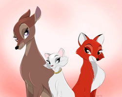 Size: 1002x797 | Tagged: safe, artist:urdar16, duchess (the aristocats), faline (bambi), vixey (the fox and the hound), canine, cat, cervid, deer, feline, fox, mammal, red fox, feral, bambi (film), disney, the aristocats, the fox and the hound, 2d, blue eyes, brown body, collar, doe, female, fur, group, hazel eyes, jewelry, orange body, orange fur, red eyes, vixen, white body, white fur