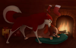 Size: 1118x715 | Tagged: safe, artist:urdar16, jenna (balto), lady (lady and the tramp), canine, cocker spaniel, dog, husky, mammal, spaniel, feral, balto (series), disney, lady and the tramp, bandanna, brown ears, christmas, christmas gift, christmas stocking, clothes, duo, female, fire, fireplace, fur, holiday, lying down, pillow, present, prone, red body, red fur, tan body, tan fur, yule, yuletide