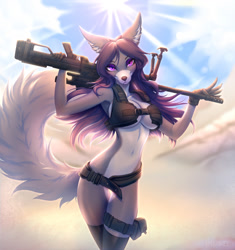Size: 1920x2040 | Tagged: safe, alternate version, artist:amarihel, oc, oc only, oc:lena the wolf, canine, mammal, wolf, anthro, 2022, belly button, belt, black nose, bra, breasts, claws, clothes, desert, detailed background, ears, female, fur, gun, hair, high res, holding, holding object, legwear, long tail, looking at you, military, multicolored body, multicolored fur, purple body, purple eyes, purple fur, purple hair, rifle, smiling, smiling at you, sniper rifle, solo, solo female, stockings, tail, two toned body, two toned fur, underwear, weapon, white body, white fur
