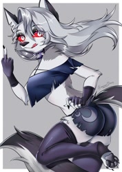 Size: 1169x1654 | Tagged: safe, artist:beneceadraws, loona (vivzmind), canine, fictional species, hellhound, mammal, anthro, digitigrade anthro, hazbin hotel, helluva boss, 2024, bedroom eyes, bottomwear, breasts, clothes, collar, colored sclera, crop top, cropped shirt, digital art, ears, eyelashes, female, fingerless gloves, fingers, fur, gloves, hair, hair over one eye, legwear, middle finger, red sclera, shorts, side view, sideboob, simple background, solo, solo female, spiked collar, stockings, tail, thighs, topwear, vulgar, wide hips