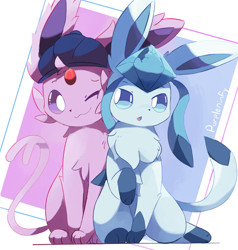 Size: 700x735 | Tagged: safe, artist:purpleninfy, eeveelution, espeon, fictional species, glaceon, mammal, feral, cc by-nc-nd, creative commons, nintendo, pokémon, 2019, 2d, abstract background, ambiguous gender, ambiguous only, blue body, blue eyes, blue fur, chest fluff, closed mouth, clothes, complete nudity, cute, digital art, dipstick tail, duo, duo ambiguous, ear fluff, ears, fluff, fur, hat, headwear, headwear only, light blue body, long ears, long tail, looking at each other, neck fluff, nudity, one eye closed, open mouth, partial nudity, paws, pink body, pink fur, pointy ears, purple eyes, raised paw, signature, simple background, smiling, socks (leg marking), tail, thighs