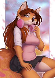 Size: 1614x2283 | Tagged: safe, artist:kyotoleopard, canine, fox, mammal, anthro, 2024, 2d, arm fluff, big tail, blue eyes, bottomwear, breasts, brown hair, cheek fluff, closed mouth, closed smile, clothes, comic sans, countershading, cute, ear fluff, female, fluff, hair, happy, head fluff, headphones, headwear, leg fluff, long hair, long tail, looking at you, neck fluff, pointy ears, shirt, sitting, skirt, smiling, smiling at you, solo, solo female, tail, tail fluff, thick thighs, thighs, topwear