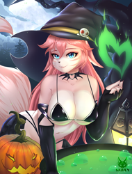 Size: 1600x2100 | Tagged: safe, alternate version, artist:skaily-foxy, oc, oc only, oc:skaily (skaily foxy), big cat, feline, mammal, anthro, 2023, belly button, bikini, black nose, blue eyes, breasts, cauldron, clothes, collar, commission, detailed background, ears, female, food, forest, fur, hair, hat, headwear, jack-o-lantern, looking at you, multicolored fur, night, night sky, pink body, pink fur, pink hair, pink tail, pumpkin, sky, smiling, smiling at you, solo, solo female, swimsuit, tail, two toned body, two toned fur, vegetables, white body, white fur, witch, witch hat, ych result
