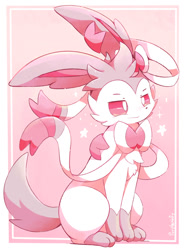 Size: 670x900 | Tagged: safe, artist:purpleninfy, oc, oc only, oc:narpy, eeveelution, fictional species, mammal, sylveon, feral, cc by-nc-nd, creative commons, nintendo, pokémon, 2019, 2d, abstract background, border, cheek fluff, chest fluff, complete nudity, cute, digital art, ear fluff, ears, femboy, fluff, fur, head fluff, kemono, long ears, male, nudity, paws, pink eyes, pointy ears, ribbons (body part), signature, sitting, socks (leg marking), solo, solo male, tail, tail fluff, thighs, white body, white border, white fur