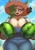Size: 1428x2048 | Tagged: suggestive, artist:gammainks, oc, oc:malon (gammainks), eeveelution, fictional species, leafeon, mammal, anthro, nintendo, pokémon, big breasts, breasts, cleavage, clothes, dialogue, female, food, fruit, gloves, hair, hair over one eye, hat, headwear, looking at you, neckerchief, open mouth, open smile, smiling, smiling at you, solo, solo female, speech bubble, sun hat, suspenders, talking, watermelon, wingding eyes