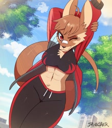 Size: 2213x2534 | Tagged: safe, artist:drawligator, kangaroo, mammal, marsupial, anthro, 2024, abs, arms above head, big breasts, breasts, clothes, crop top, female, jacket, macropod, muscles, one eye closed, solo, solo female, sports bra, sports pants, stretching, tail, thick thighs, thighs, topwear, wide hips