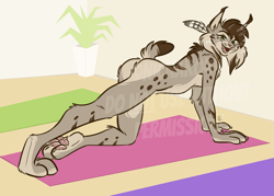 Size: 1133x809 | Tagged: suggestive, artist:nicnak044, oc, oc:nicole (nicnak044), feline, lynx, mammal, anthro, 2019, brown body, brown fur, brown hair, butt, digital art, ears, feather, female, fur, green eyes, hair, indoors, looking at you, nudity, open mouth, paw pads, paws, signature, solo, solo female, tail, watermark, yoga