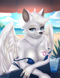 Size: 1687x2184 | Tagged: safe, alternate version, artist:skaily-foxy, oc, oc only, canine, mammal, wolf, anthro, beach, big breasts, bikini, black nose, blue eyes, breasts, clothes, commission, detailed background, drink, female, fur, hair, looking at you, outdoors, smiling, solo, solo female, swimsuit, tail, teeth, white body, white fur, white wings, winged wolf, wings, ych result
