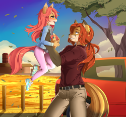 Size: 3900x3600 | Tagged: safe, artist:pafii, oc, oc:augustin fawkes, oc:vixy (dirtypawz), canine, fox, mammal, anthro, bottomwear, car, clothes, cub, female, footwear, male, pants, plant, plushie, shirt, shoes, topwear, toy, tree, vehicle, young