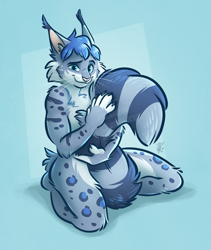 Size: 856x1013 | Tagged: safe, artist:nicnak044, oc, feline, hybrid, lynx, mammal, anthro, 2020, abstract background, blue hair, countershading, cyan eyes, digital art, ears, female, fur, gray body, gray fur, hair, kneeling, looking at you, shy, signature, solo, solo female, spots, spotted fur, tail, watermark