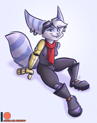 Size: 825x1049 | Tagged: safe, artist:nicnak044, rivet (r&c), fictional species, lombax, mammal, anthro, ratchet & clank, 2020, blue body, blue eyes, blue fur, boots, bottomwear, clothes, digital art, ear piercing, ears, female, footwear, fur, looking at you, pants, piercing, scarf, shoes, signature, solo, solo female, tail, tongue, tongue out, topwear, watermark