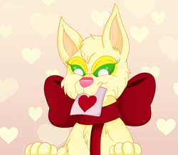Size: 850x739 | Tagged: safe, artist:queen-quail, canine, fennec fox, fox, mammal, feral, female, fur, green eyes, heart, heart background, holiday, kissing, pink background, pink nose, red bow, red heart, red ribbon, simple background, solo, valentine's day, valentines, vulpes, yellow body, yellow fur
