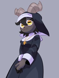 Size: 1327x1760 | Tagged: safe, artist:june_buns, oc, oc:rhea (june buns), bovid, goat, mammal, anthro, 2024, 2d, breasts, clasped hands, female, horizontal pupils, horns, jewelry, looking at you, necklace, nun, nun's habit, smiling, smiling at you, solo, solo female