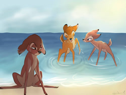 Size: 1600x1200 | Tagged: safe, artist:urdar16, bambi (bambi), faline (bambi), ronno (bambi), cervid, deer, mammal, feral, bambi (film), disney, 2023, 2d, casual nudity, complete nudity, digital art, eyes closed, fawn, female, frowning, group, male, nudity, playing, seaside, signature, smiling, trio, unamused, water, wet, young